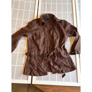 Nautical Lightweight Chocolate Brown 100% Linen Sz M Grommet Embellishment Top